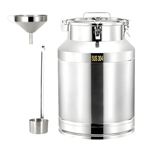 Food Grade 304 Stainless Steel Milk Can with Locking Airtight Clamp Lid Carry Handle, Large Airtight Storage Bucket Canister for Rice Flour Grain Oil Wine Liquid Dairy Transport 15L (3.9 Gal) - size: 15L