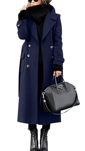 chouyatou Women's Winter Double Breasted Wool Coat Business Casual Long Winter Pea Coat with Belt - color: Navy Blue, size: Small
