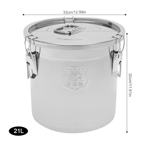 5.5Gal 304 Stainless Steel Airtight Canister with Lid and Locking Clamp, Rice Cereal Grain Canisters Container, Metal Rice Bucket for Kitchen,Dog Food, Bird Seed, Coffee, Cookies Storage(Silver-21L) - color: Silver-21L