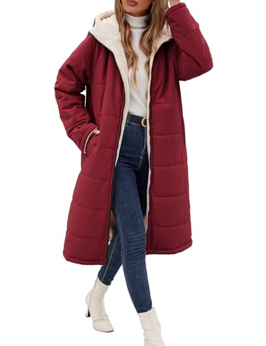 Women Winter Coats Fleece Long Coats Jackets Oversized Warm Down Jacket with Hood - color: Burgundy, size: Large