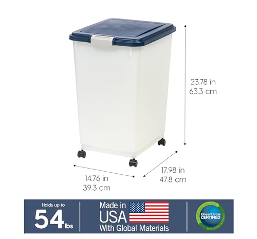 IRIS USA Dog Food Storage Container, Up to 54 lbs, Navy/Pearl, Made in USA | Wheels for Mobility, Airtight Seal, BPA-Free, Best for Bird Seed, Cat food, Cat Litter, Chicken Feed, Pellets - color: Navy/Pearl, size: 54 lbs