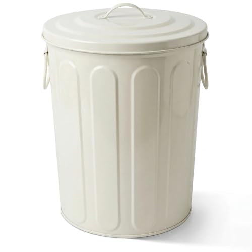 Plexon 5 Gallon Small Metal Trash Can with Lid Outdoor Galvanized Steel Bucket with Lid 5 Gal Storage Can for Dog Food Bird Seed Storage Container, Off-White - color: Off-White