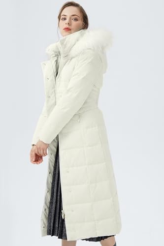 Orolay Women Warm Down Jacket with Hood Fur Long Puffer Coat Brown - color: White + White Fur Trim, size: Medium