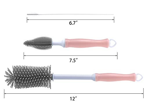 Silicone Cleaning Brush, 12" Long Handle Water Bottle Cleaner | Soft Silicone Bristles | For Water Bottles, Baby Bottles, Sports Bottles, Vases and Glassware - color: Pink