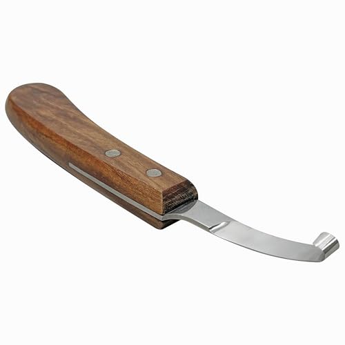 Equine Care Left-Handed Short Blade Hoof Knife for Horse Hoof Trimming | Short Farrier Hoof Knife: J2 stainless steel, compact curled tip and dual-riveted wood handle; right- or left-handed - style: Left Handed