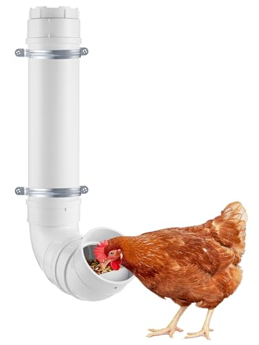 MEWTOGO Automatic Chicken Feeder No Waste | Large Capacity Heavy Duty PVC Pipe Hanging Chicken Feeder, Poultry Gravity Feed Port for Chicken Long Feeding - color: White-1 set
