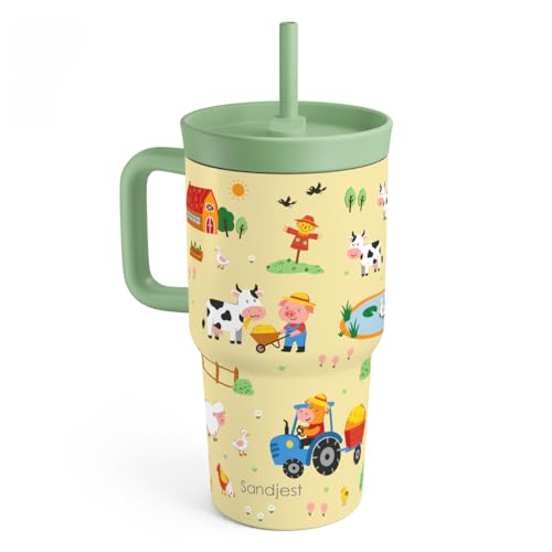 SANDJEST Farm Animals Stainless Steel Tumbler 20oz with Handle and Silicone Straw Locking Lid for Kids Boys, Birthday Christmas Back to School - color: Farm Animal