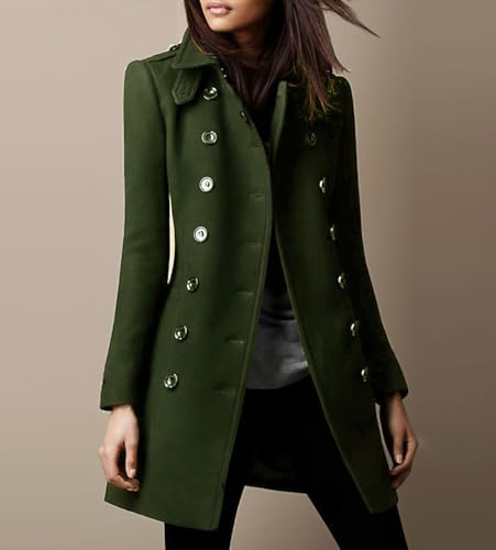 chouyatou Women's Winter Double Breasted Wool Coat Elegant Collared Wool Blend Trench Pea Coat - color: Army Green, size: Medium