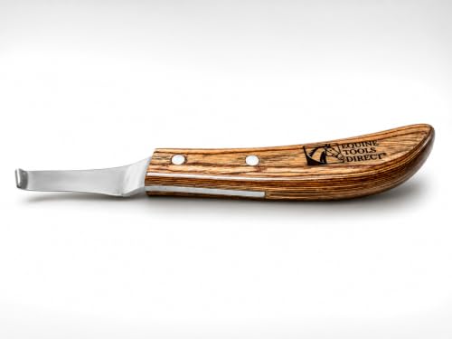 Right-Handed Farrier Hoof Knife, Curved J2 420 Magnetic Stainless Steel Blade, Ergonomic Wooden Handle, Horse Hoof Trimming Tool for Sole & Frog Paring
