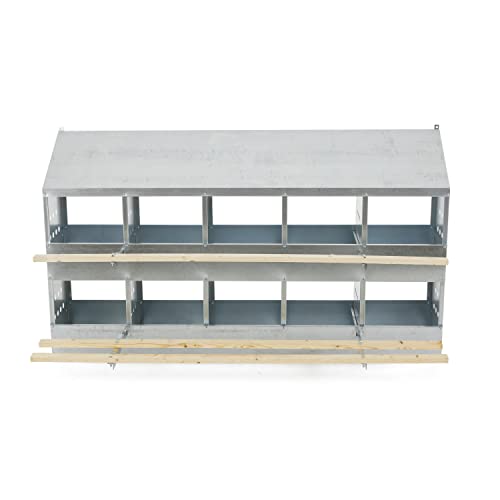 Brower 2-Tier 10-Hole Galvanized Steel Chicken Nesting Box, Silver, 2-Pack | Holds 50 to 60 Hens per Unit, Hinged Folding Perches, Ventilation Holes, Removable Bottoms, Slanted Roof