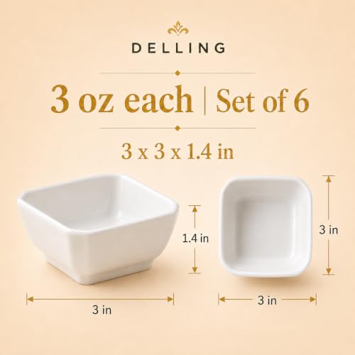 DELLING 3 Oz Ceramic Dipping Bowls Set of 6, Porcelain Soy Sauce Dish - White Dip Bowls for Charcuterie Board Cups, Small Sauce Cups for Condiment Ketchup BBQ, Dipping Sauce Cups Dishwasher Safe - color: White, size: 3oz