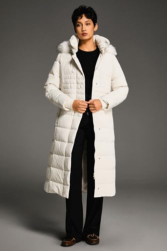 Orolay Women Warm Down Jacket with Hood Fur Long Puffer Coat Brown - color: White + White Fur Trim, size: Large