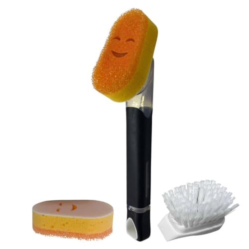 Smilyeez Black Soap Dispensing Dish Wand – Scrub Brush + 2 Cute Non-Scratch Sponge Heads - color: Black
