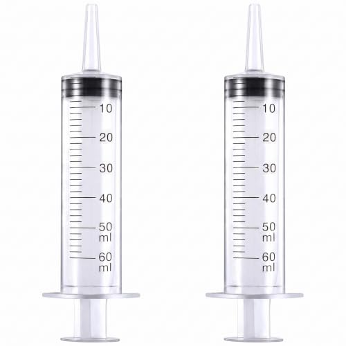 2 Pack of Plastic Graduated Large Catheter Tip Syringe 2 Oz / 60 ML with Cover for Dispensing and Measuring Liquids for Automotive, Lab work, Crafts and Gardening