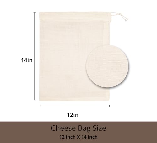 PurpleEssences Ultra-Dense Unbleached Cotton Nut Milk & Filter Bags Reusable Cheesecloth Drawstring Strainers for Cheese Making, Straining, Storage, Sprouting - Set of 4-12X14 Inch - Natural - size: 12 x 14 Inch
