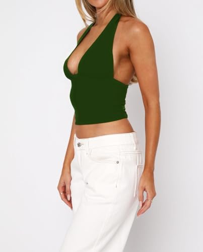 ForeFair Women Sexy Halter Deep V Neck Backless Crop Tank Top Open Back Sleeveless Slim Fit Y2k Summer Tops - color: Dark Green, size: X-Small