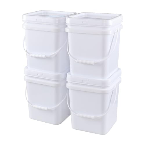 Bringer 4 Pcs 5 Gallon Utility Square Plastic Bucket Pail with Lid, White | airtight sealed cover, comfortable grip handle, durable plastic, for kitchen commercial food storage