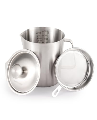 304 Stainless Steel Measuring Cup with Lid, Strainer, 32oz pitcher for Milk | 1000ml Metal Liquid Measuring Cup with ML/OZ Scale, 4 Cup Kitchen Pitcher for Baking, Coffee,Tea and Food Preparation