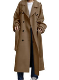 chouyatou Women's Winter Double Breasted Wool Coat Long Sleeve Notch Lapel Midi Long Winter Trench Coat with Belt - color: Dark Camel, size: XX-Large