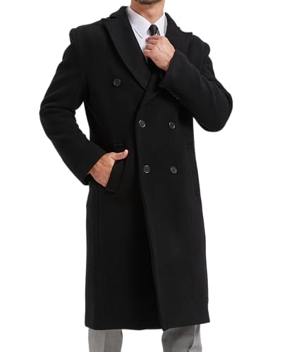 Mens Black Wool Double Breasted Overcoat – Cashmere Long Winter Coat, Peak Lapel Topcoat - color: Black - Red Lining, size: 46