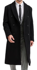 Mens Black Wool Double Breasted Overcoat – Cashmere Long Winter Coat, Peak Lapel Topcoat - color: Black - Red Lining, size: 46