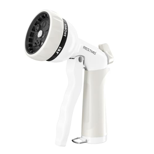 RESTMO Garden Hose Nozzle, Heavy Duty Metal Water Hose Nozzle with 7 Adjustable Spray Patterns, High Pressure Hand Sprayer with Flow Control, Best for Watering Plant & Lawn, Washing Car & Pet, White - color: White