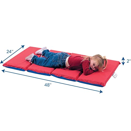 Children's Factory Angels 2" Thick Toddler Nap Mat, Red-Blue, 4 Section Waterproof Sleeping Mat for use in Preschools and Daycares | Comfortable 4-Section Sleep Mat, Foam-Filled Kids Mat, Water-Resistant Folding Nap Mats for Daycare and Preschool