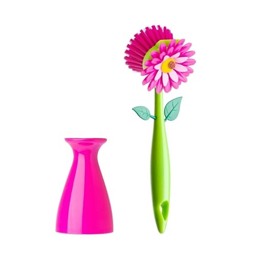 Vigar Flower Power Dish Brush with Handle and Vase Holder - Pink | Dish Scrub Brush for Dishes, Kitchen Scrub Brush, Sink Cleaning Brush, Pot Scrubber, Dishwashing Brush - color: Pink