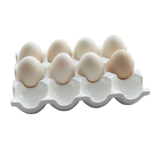 Ceramic Egg Holder 12 Cups Dozen Egg Tray Container for Fridge & Countertop | White, Polished Surface, with Non-Slip Base | Porcelain Holder for Eggs for Refrigerator
