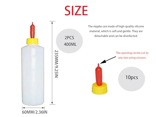 2 Pack 400ml Lamb Feeding Bottle with 10pcs Silicone Nipples, Heavy-Duty Plastic Nursing Bottle for Lambs, Goats, Calves, Farm Animal Feeding Supplies