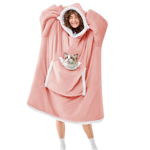 JOYWOO Pink Oversized Wearable Blanket Hoodie,Cat lovers Long Hoodie Blanket for Adult,Birthday Gifts for Women Men Mom,Cozy Sherpa Sweatshirt Hooded Blanket Giant Pocket Gifts,Mellow Rose Oversize - color: Mellow Rose, size: Oversize