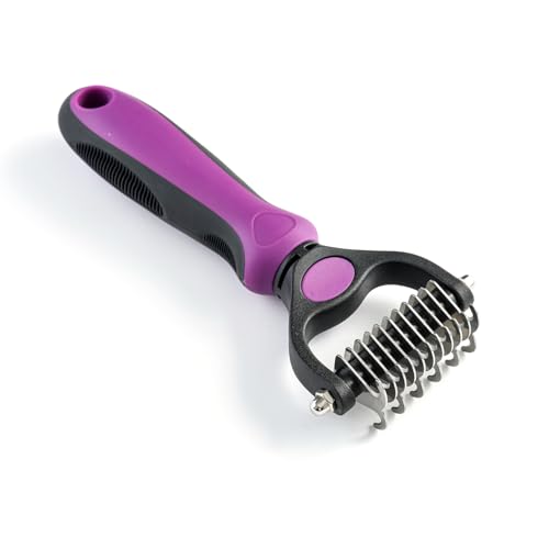 WePet Grooming Rake for Dogs & Cats, Double-Sided Deshedding Brush, Extra-Wide Dematting Tool, Slicker Comb for Undercoat & Loose Hair Removal, Reduces Shedding by 95%, Purple, Small - color: Purple, size: Small