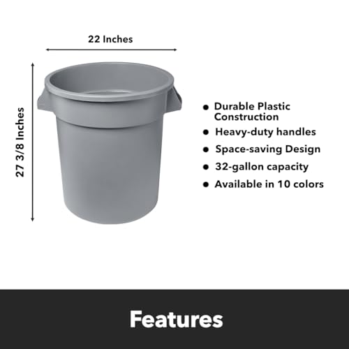 Feed and Seed Storage Container, 32 Gallon Gray Round Commercial Trash Can, Food Storage Plastic Bin, Use in Agricultural, Gardening, or Household - color: Gray, size: 32 Gallon Container Only