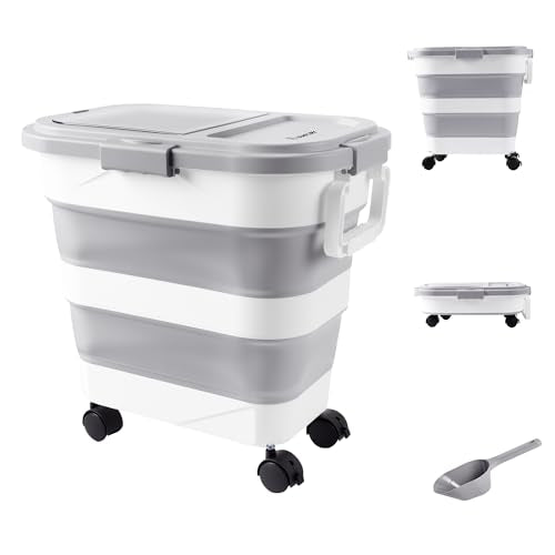 Dog Food Storage Container 30-40lbs, Airtight Pet Food Bin w/ Clear Window | Collapsible Rolling Storage Container with Wheels; Foldable Bucket with Locking Lid & Scoop; Gray - color: Gray-L