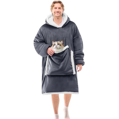 JOYWOO Oversized Wearable Blanket Hoodie,Cat lovers Long Hoodie Blanket for Adult,Birthday Gifts for Women Men Mom,Cozy Fuzzy Sherpa Fleece Sweatshirt Hooded Blanket with Giant Pocket Gifts, Grey - color: Grey, size: Oversize