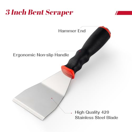 Mister Rui 3 Inch Metal Scraper, Bent Heavy Duty Curved Paint Scraper Tool | Stainless Steel Putty Knife with Hammer End, Spackle Knife with Soft Grip Rubber Handle, Paint Scraper Tool for Wood, Wall