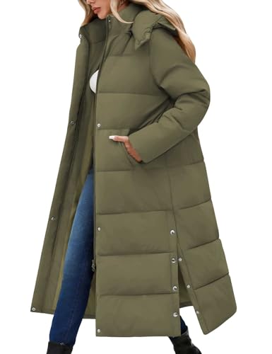 UMIPUBO Women's Long Maxi Down Coat Winter Puffer Jacket | Extra-long,Water Repellent,Side pocket,Faux Fur Removable Hood,Full-Zip,Warm Padded Outerwear - color: Military Green, size: Large