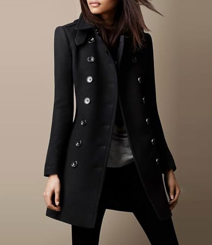 chouyatou Women's Winter Double Breasted Wool Coat Elegant Collared Wool Blend Trench Pea Coat - color: Black, size: Medium