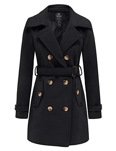 wantdo Women's Double Breasted Pea Coat Winter Mid-Long Trench Coat | Lapel Collar Jacket,Outwear,Windproof Dress Coat,for Fall Spring,Casual Daily Wear,Adjustable Belt - color: Black, size: 3X-Large