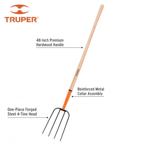 Truper 4-Tine Forged Steel Pitchfork 8 1/2" (Model 11003 / BPJ-4) | 48-Inch Premium Wood Handle, Heavy-Duty Straw and Manure Fork for Ranch, Farm, Stables, and Hay Management