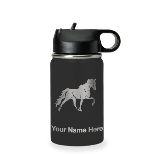LaserGram Personalized 12oz Water Bottle, Horse (Black) | Engraved Gift, Vacuum Insulated Stainless Steel, Flip-Top Straw Lid, Laser Engraved With Your Name - color: Black, size: 12 Ounces
