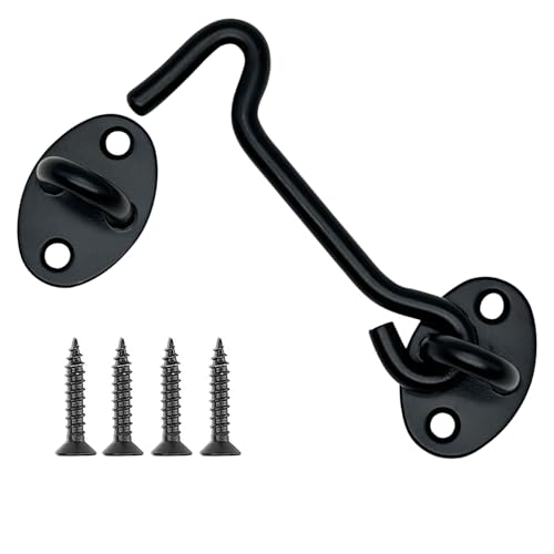 4 Pack 4" Hook and Eye Gate Latch, Stainless Steel Rust-Resistant Barn Door Lock Cabin Hooks for Gate Shutters Window Slide Barn Shed Cabinet Bathroom, with 16pcs Screw,Black - color: Black, size: 4 inch(4pcs)