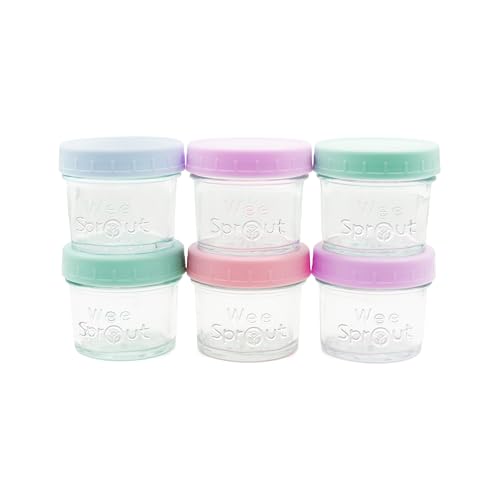 WeeSprout Baby Food Storage Glass Jars w/Lids (4 oz, 6 Pack) Pastel Variety, Snack, Reusable Small Containers, Fridge or Freezer, Microwave & Dishwasher Safe, Essentials for Infants - color: Pastel Variety, size: 4 oz (6 pack)