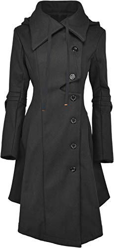 Long Trench Pea Coat for Women - Winter Trench Coat Goth Lapel Peacoat Outwear Thick Hood Pea Jacket Trenchcoat - color: A- Black, size: X-Small