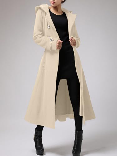 Cicy Bell Womens Long Double-Breasted Hooded Coat Winter Wool Trench Coat | Warm Pea Overcoat,Lapel Collar,Outwear with Belt,Open Front - color: Apricot, size: XX-Large