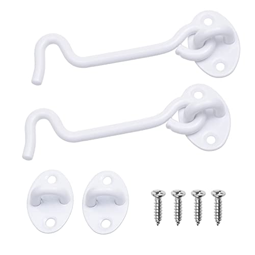Eco-Fused 4-inch Heavy Duty Hook and Eye Latch - 2X Barn Door Lock (White), 8X Mounting Screws - Powder Coated Stainless Steel Hooks for Door, Windows, Sheds, Fences, Gates, Closets, Cabinets - color: 2 sets: 4 inch - White