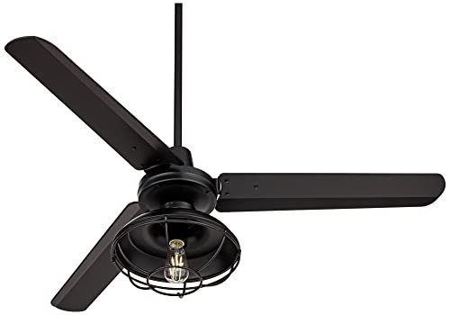 52" Plaza Matte Black Cage Damp Outdoor Ceiling Fan with Light Remote | Industrial Modern 3 Blade Style Rated for Patio Exterior House Porch Gazebo Garage Barn