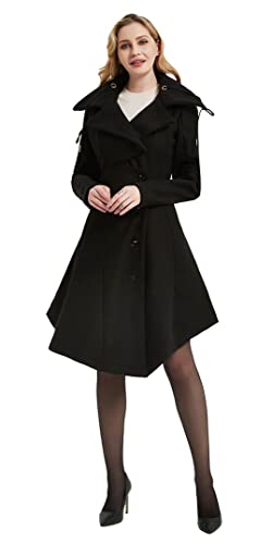 Long Trench Pea Coat for Women - Winter Trench Coat Goth Lapel Peacoat Outwear Thick Hood Pea Jacket Trenchcoat - color: A- Black, size: X-Small