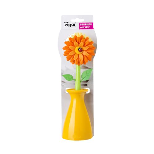 Vigar Flower Power Dish Brush with Handle and Vase Holder - Orange | Dish Scrub Brush for Dishes, Kitchen Scrub Brush, Sink Cleaning Brush, Pot Scrubber, Dishwashing Brush - color: Orange