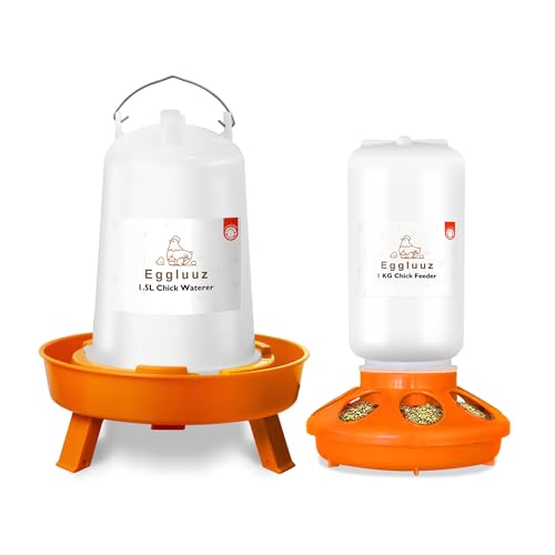 Eggluuz Chick Feeder and Waterer Kit Automatic Chicken Feeder and Waterer Set, 1L Chick Feeder and 1.5L Chick Waterer with 3 Heights Adjustable Legs